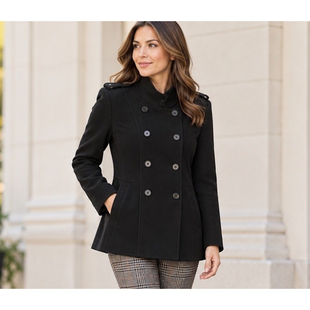 Talbots Double Breasted Military Wool Peacoat Size 10P Black Unlined Lightweight